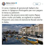 pensioni esentasse, il tweet di Matteo Salvini