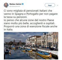 pensioni esentasse, il tweet di Matteo Salvini